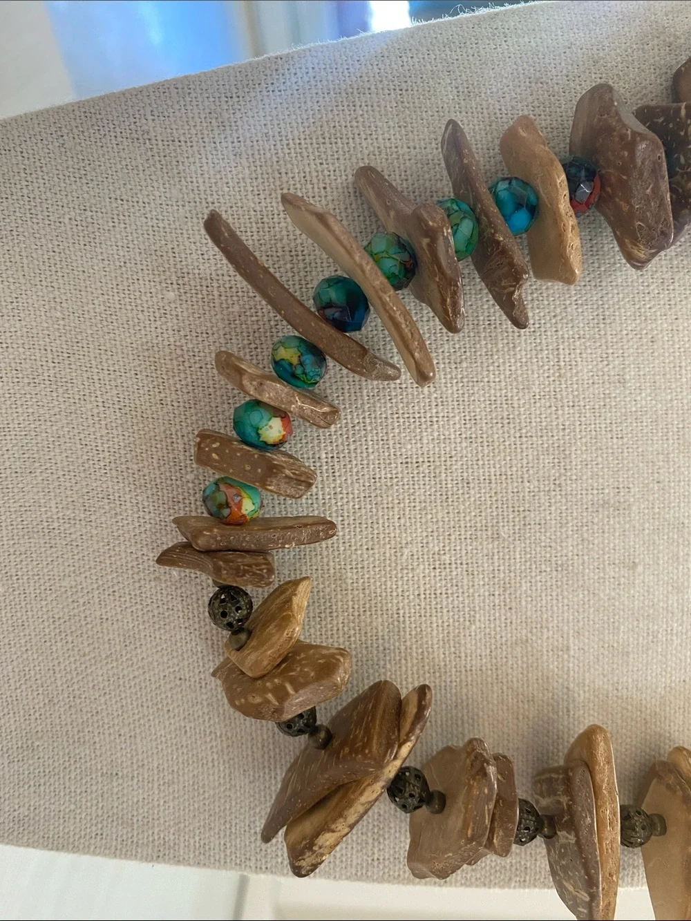 Handcrafted Natural Wood and Turquoise Bead Necklace - Women Jewelry